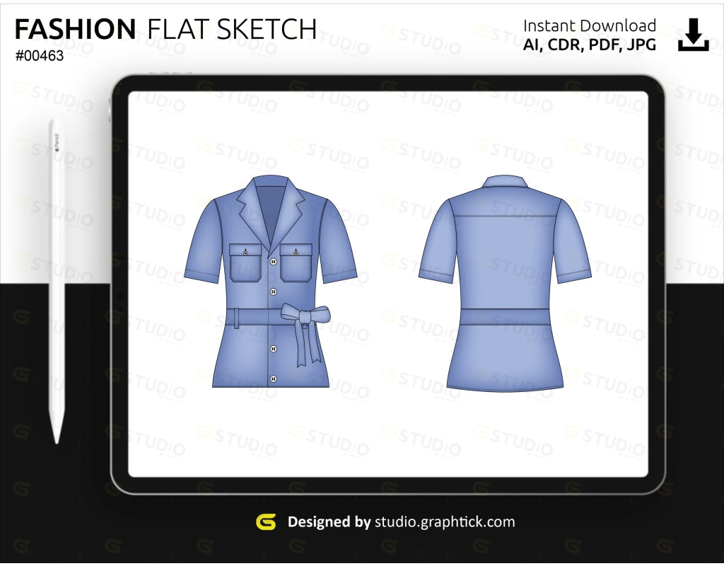Belted Short Sleeve Utility Shirt Flat Sketch Utility Shirt