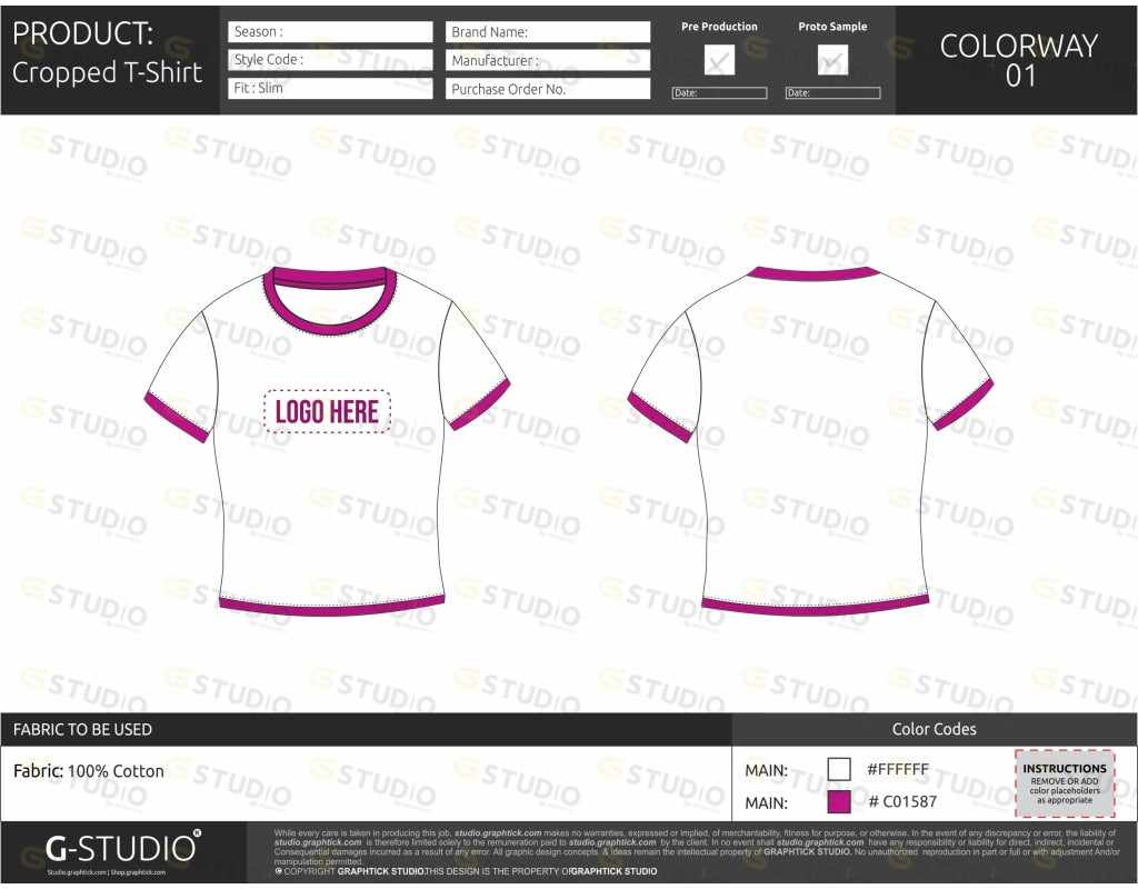 Cropped Tee Shirt Tech Pack Template