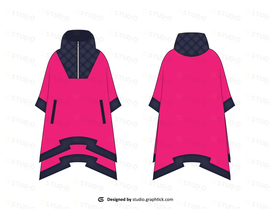 Fleece Hooded Poncho Flat Sketch Poncho