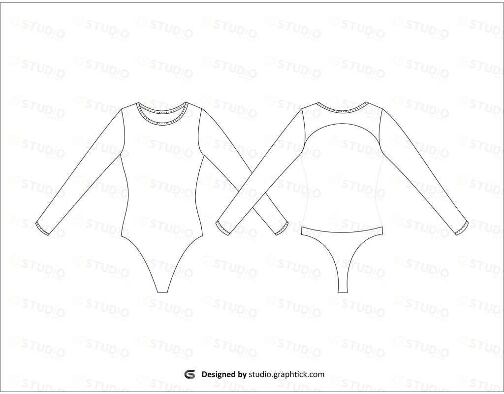 Girls Full Sleeve Backless Bodysuit Flat Sketch Swimwear