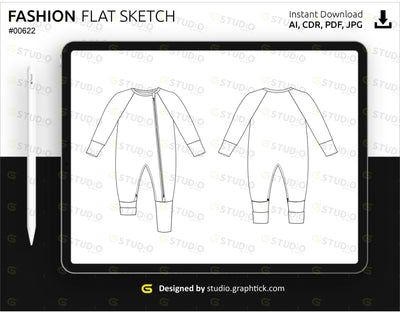 Kids Double Zip Pyjama Flat Sketch Romper