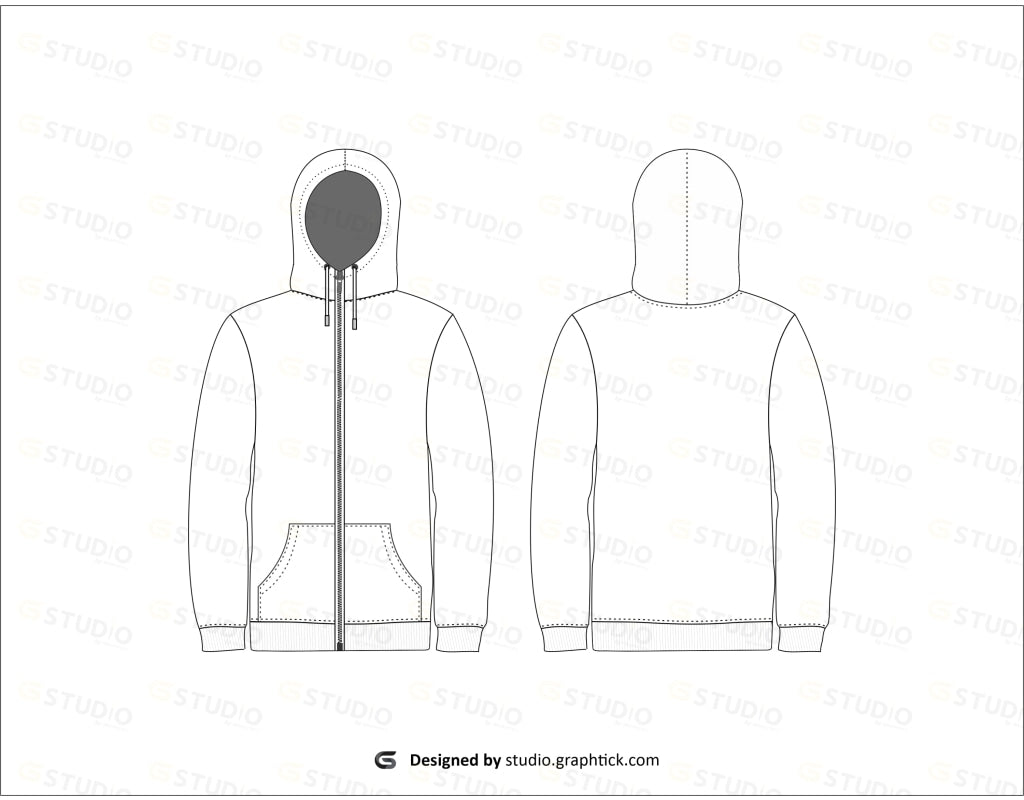 Mens Highneck Zipper Hoodie Flat Sketch