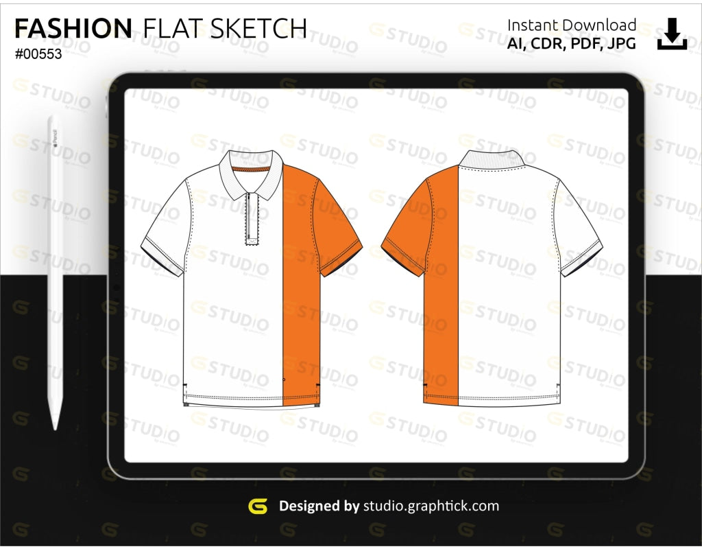 Mens Polo Tee Shirt Flat Sketch