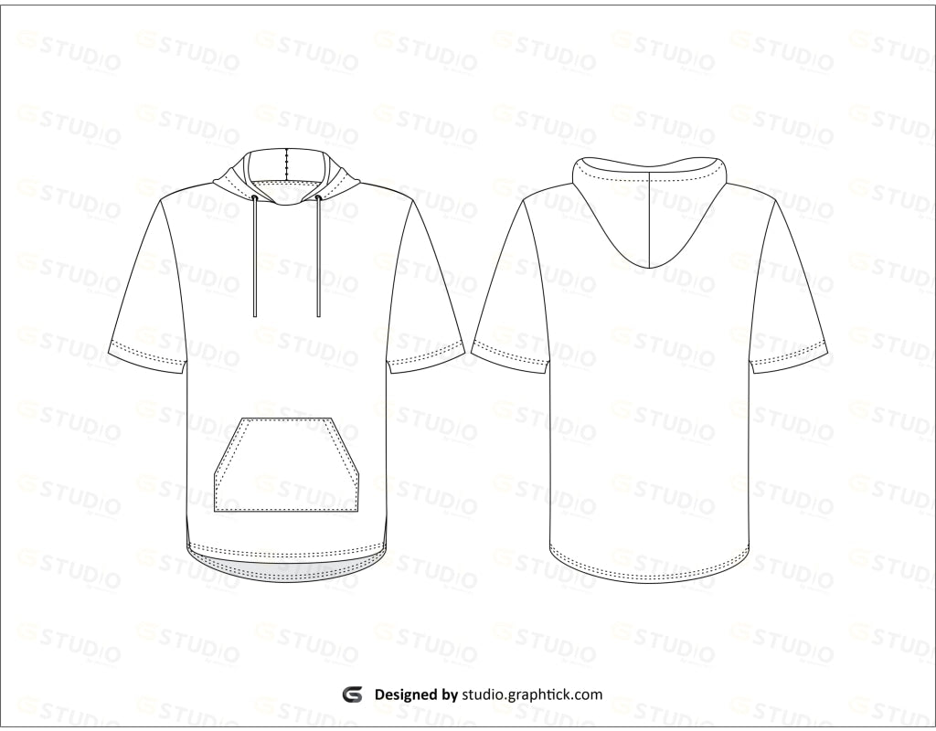 Mens Short Sleeve Scalloped Bottom Hoodie Flat Sketch