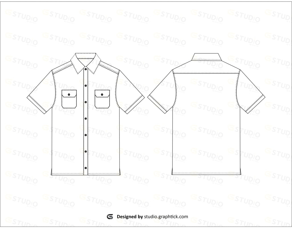Mens Short Sleeves Button Down Shirt Flat Sketch Shirts & Tops