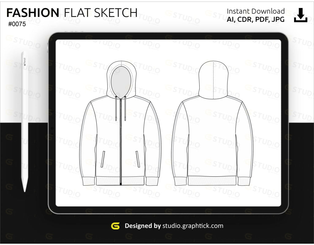 Mens Zipper Hoodie Flat Sketch