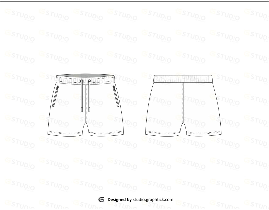 Mens Zipper Pockets Shorts Flat Sketch