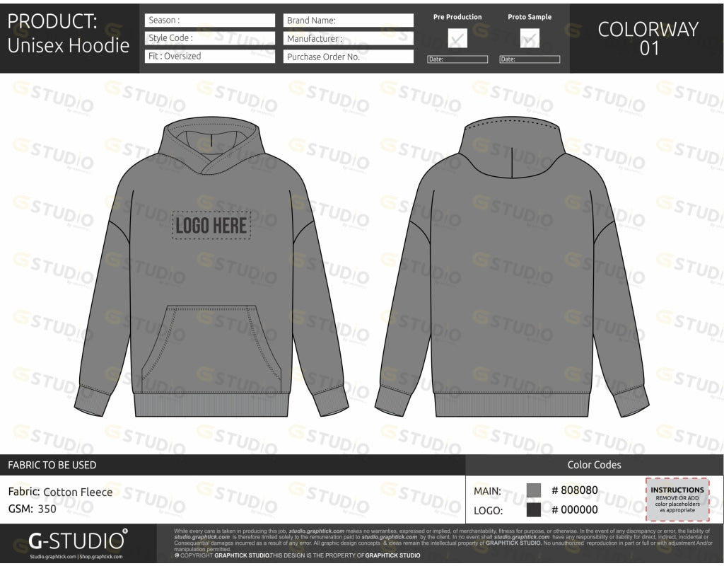 Unisex Pullover Hoodie Tech Pack Template
