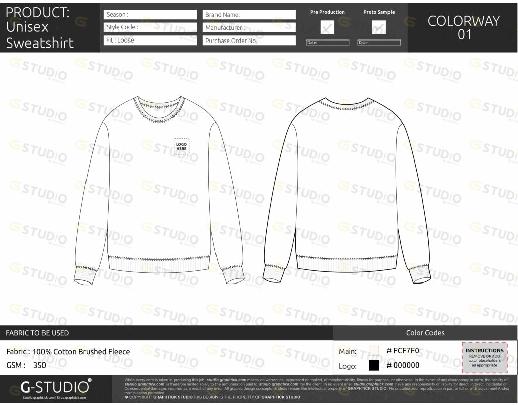 Unisex Sweatshirt Tech Pack Template Unisex Sweatshirt