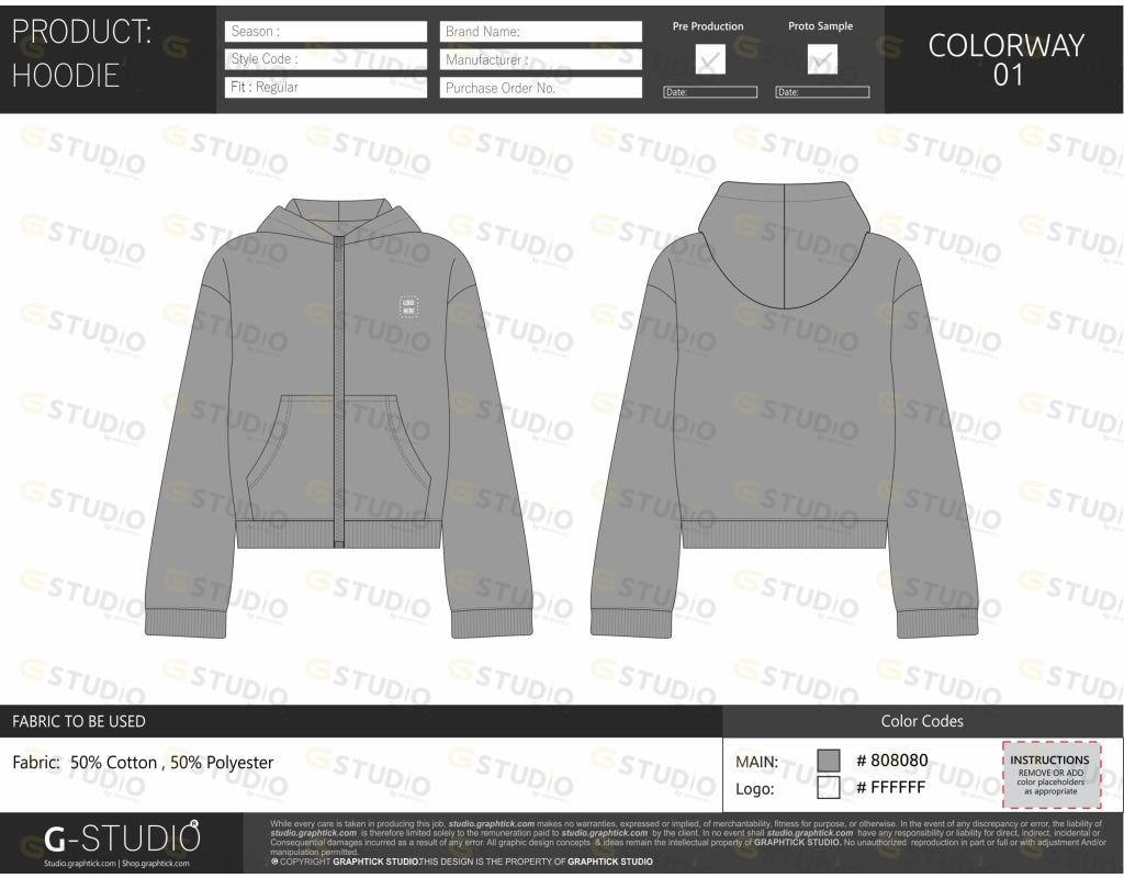 Womens Cropped Zipper Hoodie Tech Pack Template