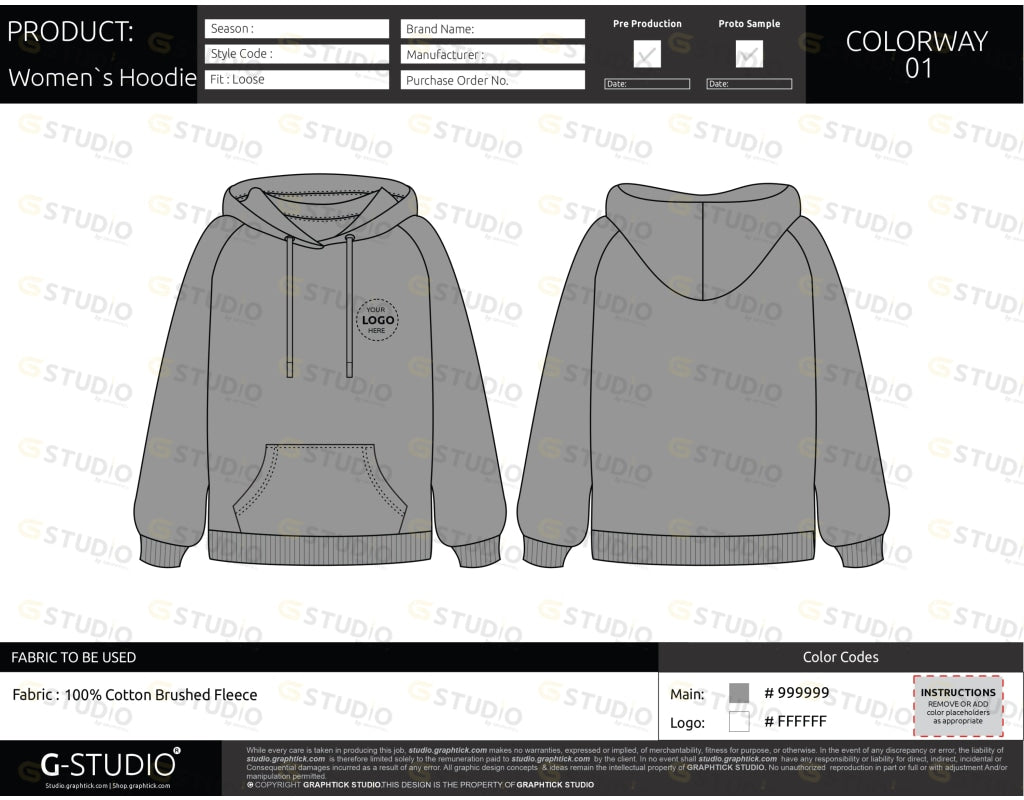 Womens Raglan Sleeve Hoodie Tech Pack Template