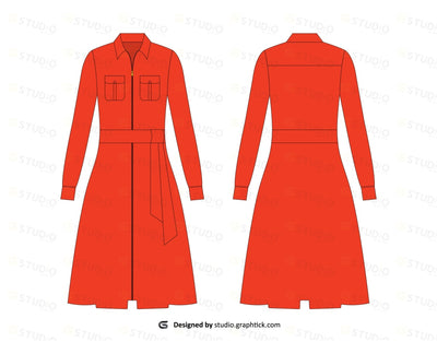 Belted Cotton-Blend Dress Flat Sketch Dress