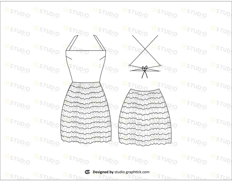 Dress Scrunch Skirt Floral Flat Sketch Dress