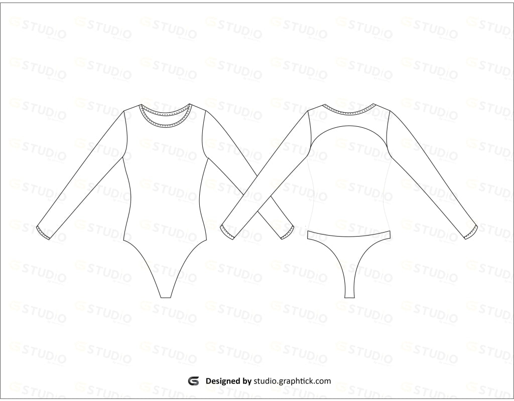 Girls Full Sleeve Backless Bodysuit Flat Sketch Swimwear