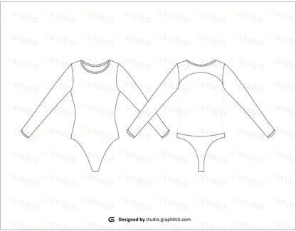 Girls Full Sleeve Backless Bodysuit Flat Sketch Swimwear