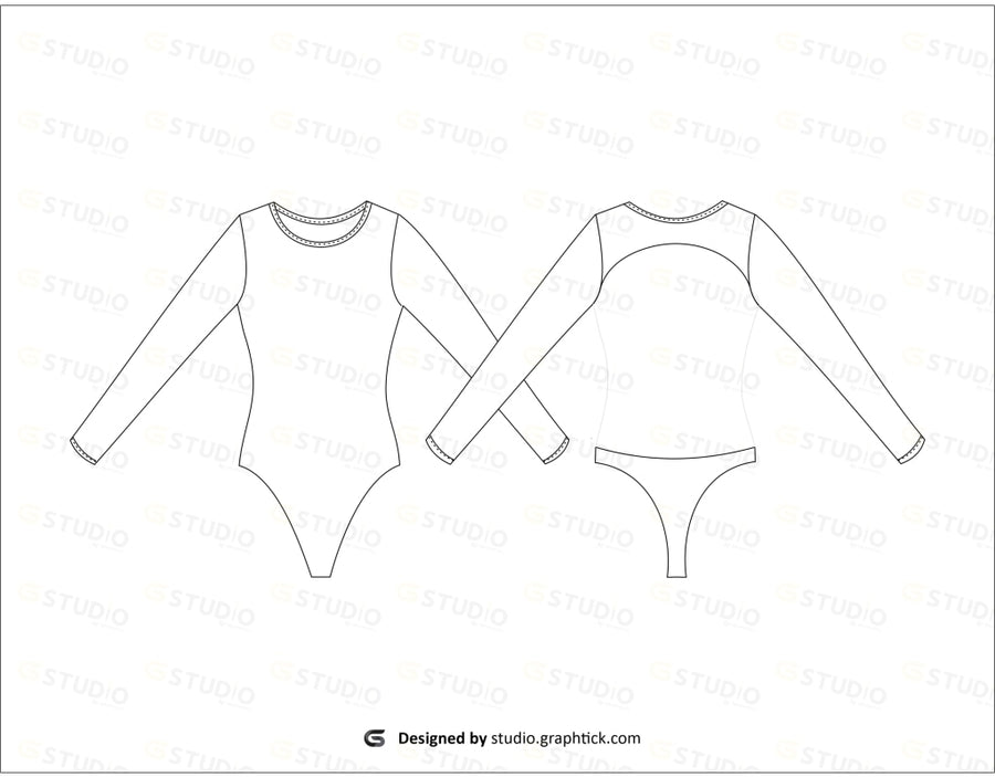 Girls Full Sleeve Backless Bodysuit Flat Sketch Swimwear