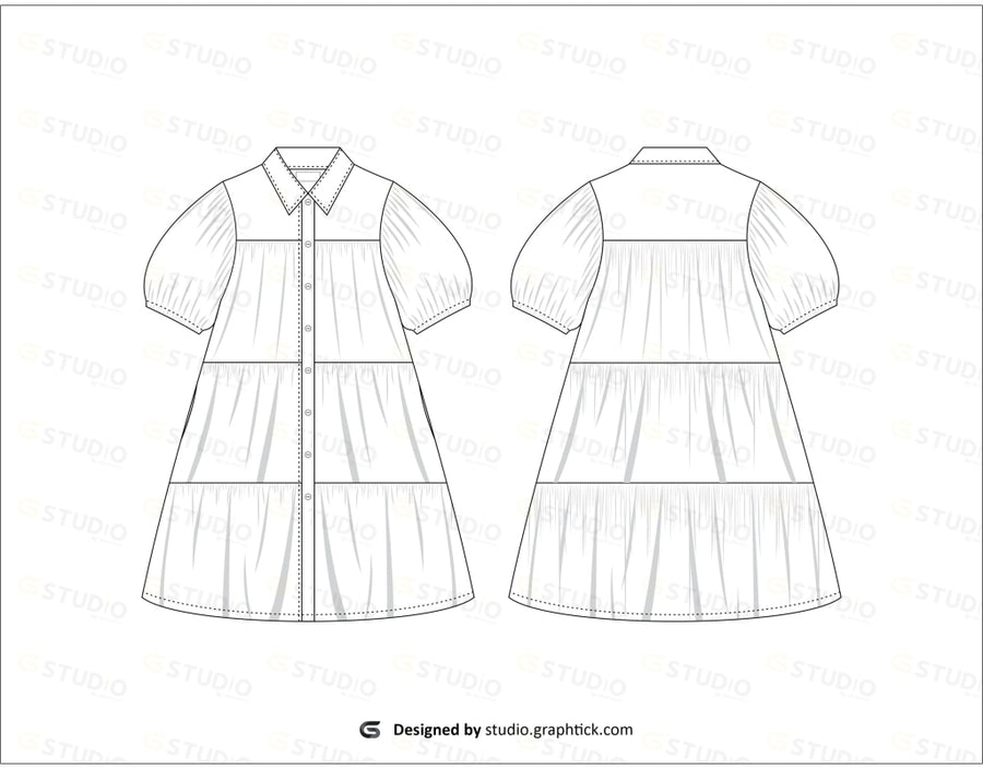 Girls Short Sleeves Dress Flat Sketch Dresses
