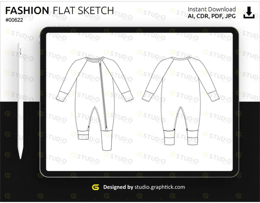 Kids Double Zip Pyjama Flat Sketch Romper