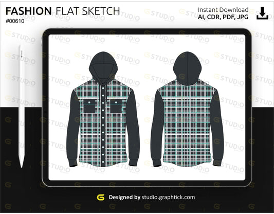 Mens Button Down Hoodie Flat Sketch