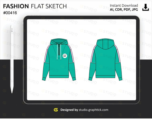 Mens Halfway Zipper Hoodie Flat Sketch