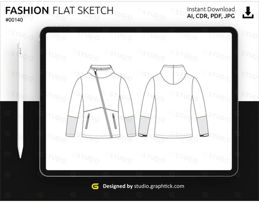 Mens Highneck Zipper Hoodie Flat Sketch