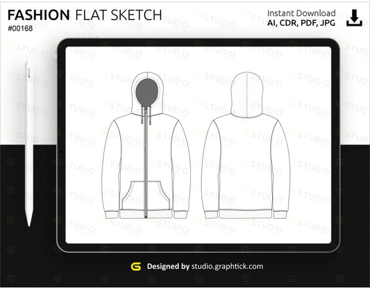 Mens Highneck Zipper Hoodie Flat Sketch