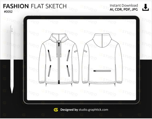 Mens Hooded Zipper Jacket Flat Sketch