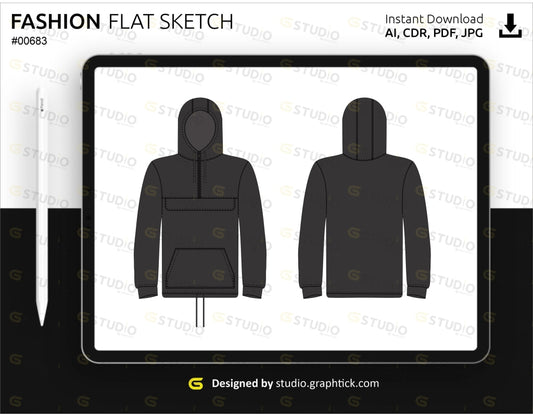 Mens Hoodie Pocket Pouch Flat Sketch