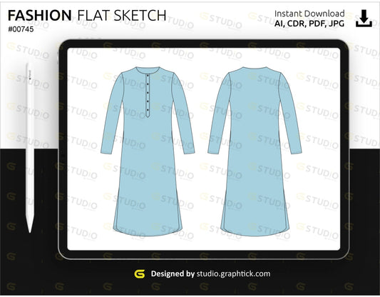 Mens Long Kameez Flat Sketch