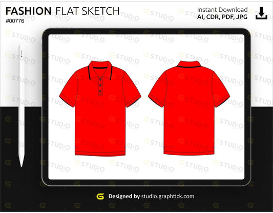 Mens Polo Tee Shirt Flat Sketch