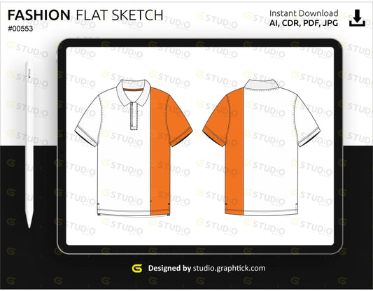 Mens Polo Tee Shirt Flat Sketch