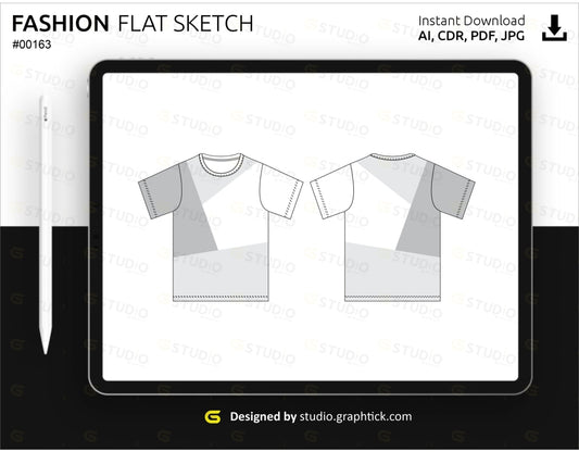 Panel Short Sleeve Tee Shirt Flat Sketch Mens