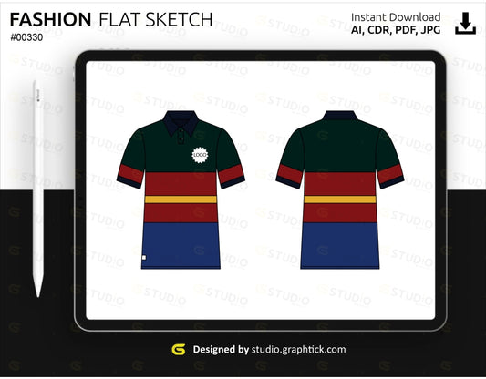 Paneled Polo Shirt Flat Sketch