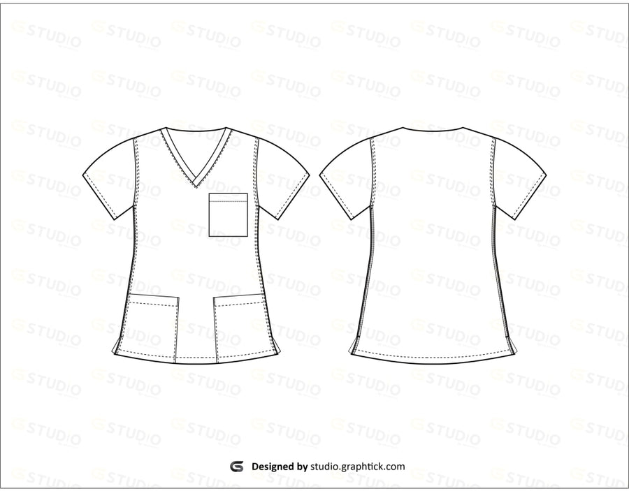 Short Sleeve Medical Scrub Top Flat Sketch Medical Scrubs