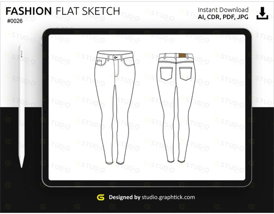 Womens High Waist Denim Pants Flat Sketch