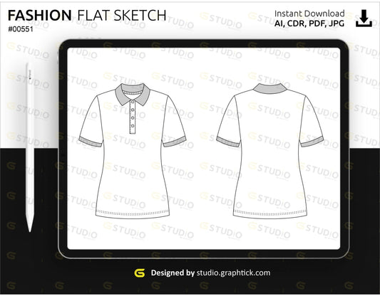 Womens Polo Tee Shirt Flat Sketch